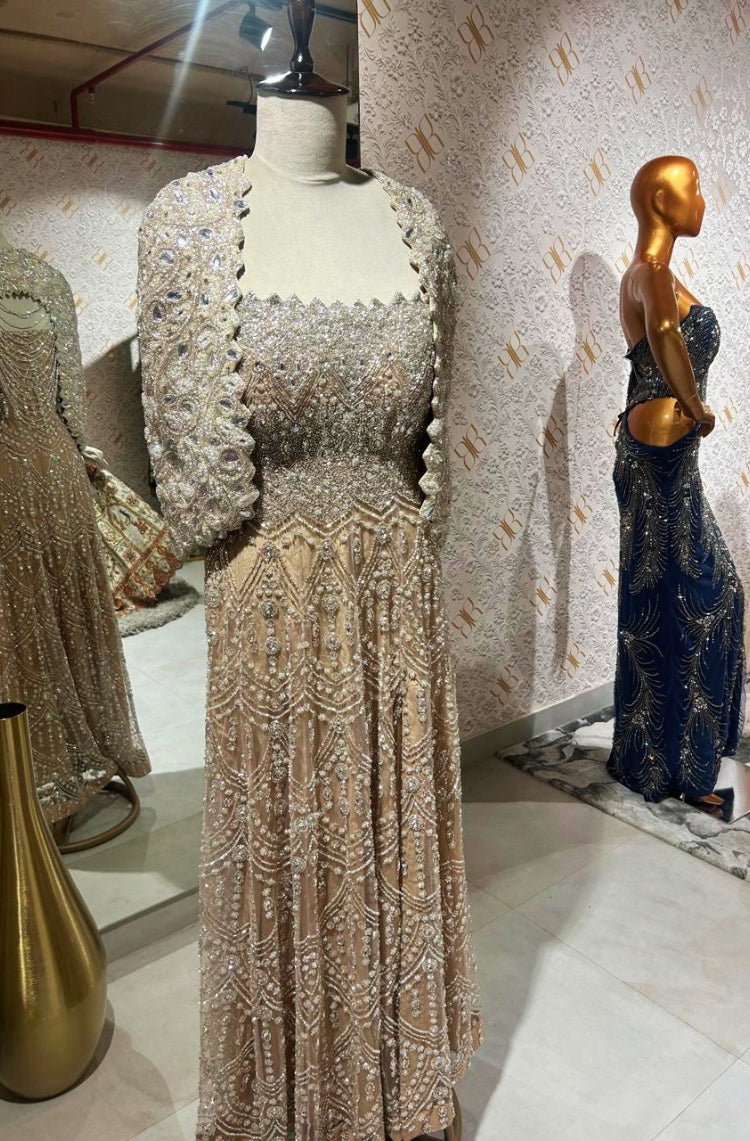 Champagne Crystal Embellished Cape Gown