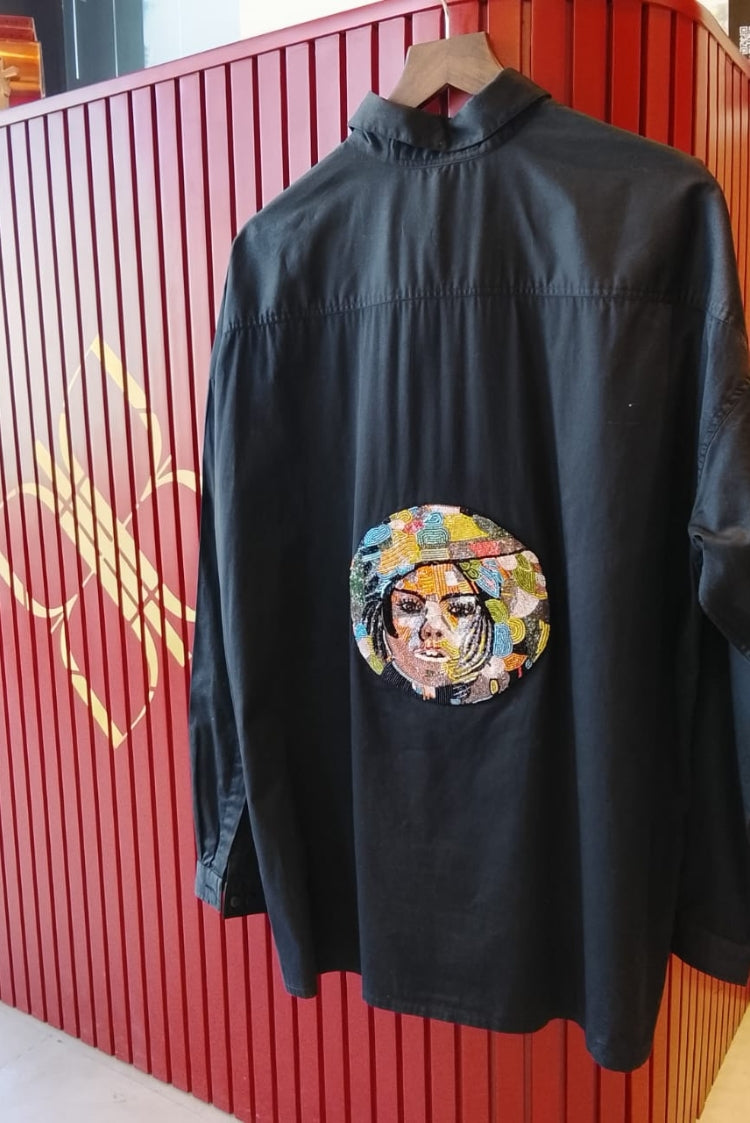 Black Hand-Embellished Shirt Dress with Artistic Patchwork