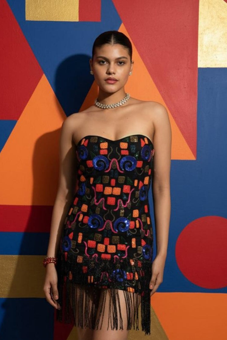 Black Multi-Colour Sequin Embellished Strapless Dress