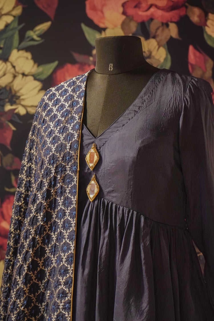Midnight Blue Silk Kurta Set with Printed Dupatta
