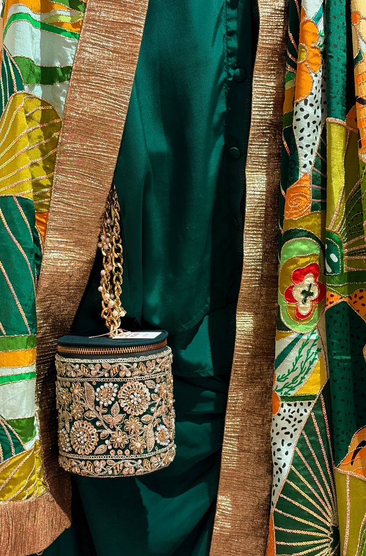 Emerald Printed Drape Set with Metallic Border