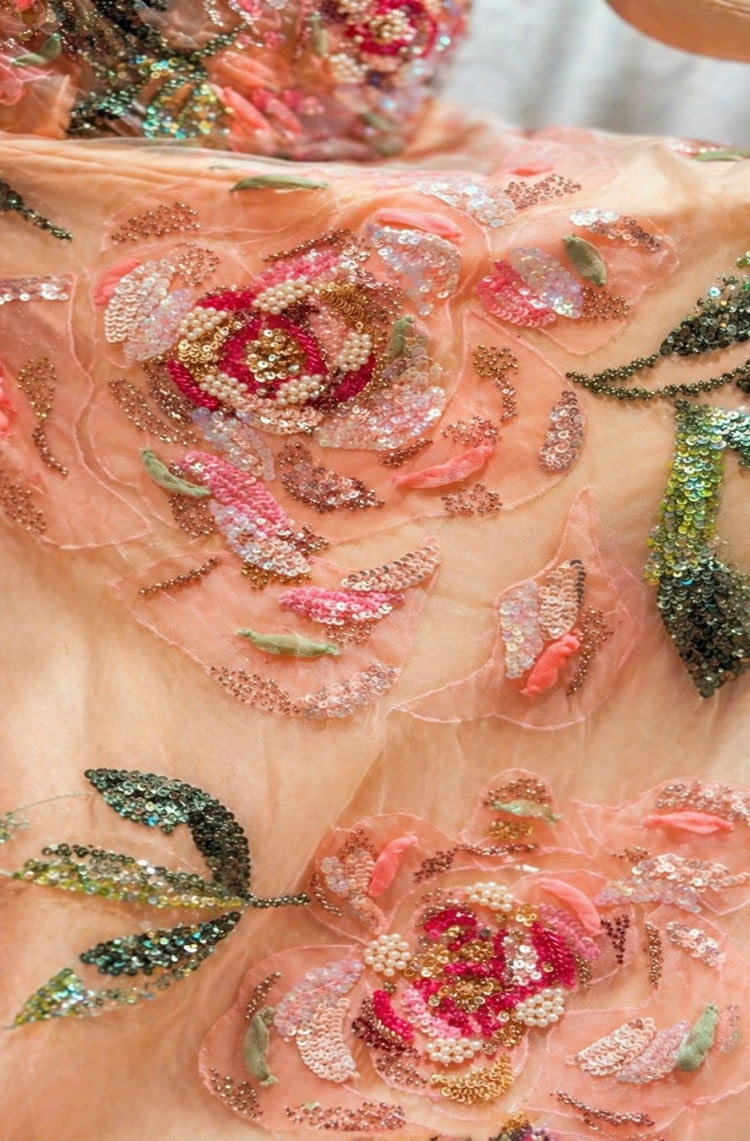 Blush Peach Floral Embellished Tulle Gown