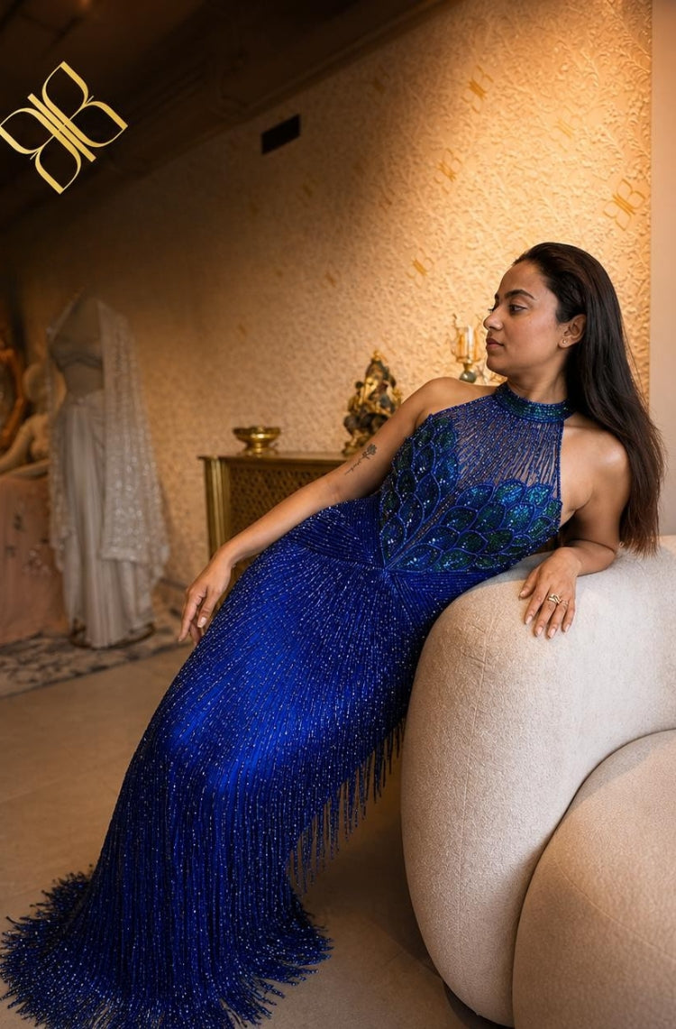 Midnight Sapphire Fringe Gown
