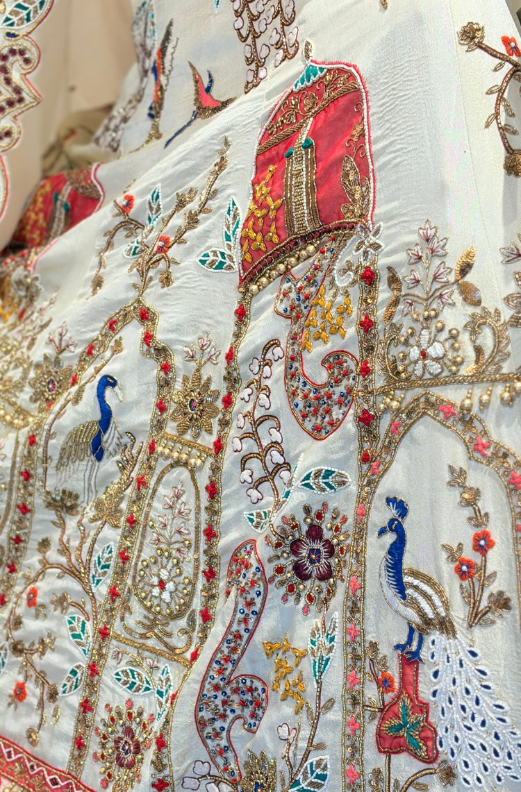 Ivory Multicolour Peacock Embroidered Bridal Lehenga Set