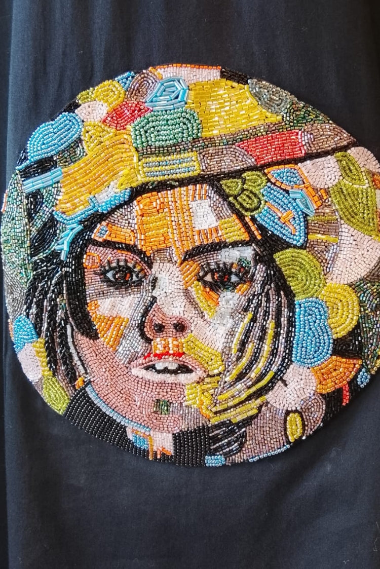 Black Hand-Embellished Shirt Dress with Artistic Patchwork