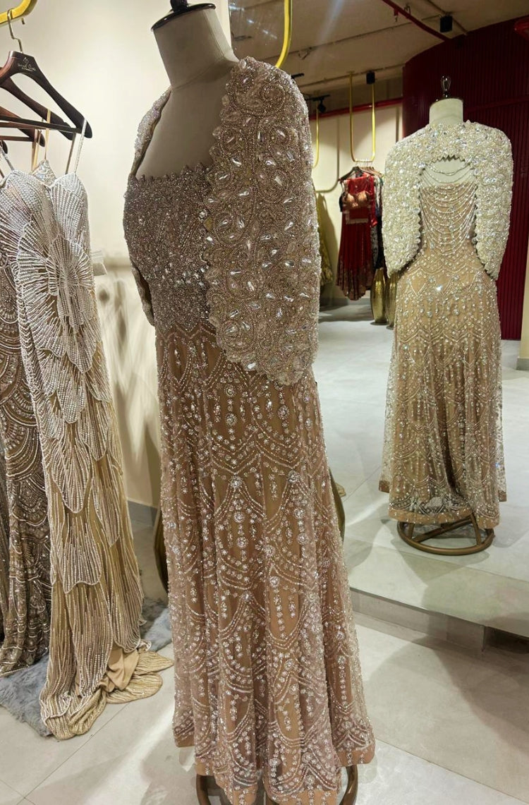 Champagne Crystal Embellished Cape Gown