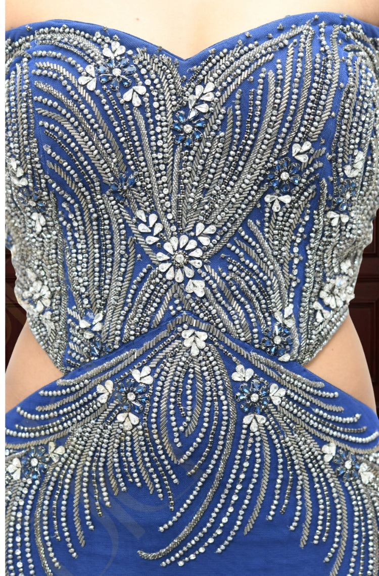 Midnight Blue Silver Beaded Corset Gown