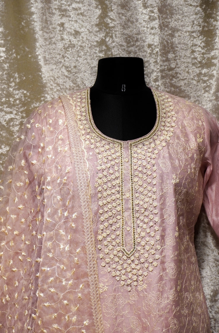 Blush Pink Hand-Embroidered Kurta Set with Dupatta