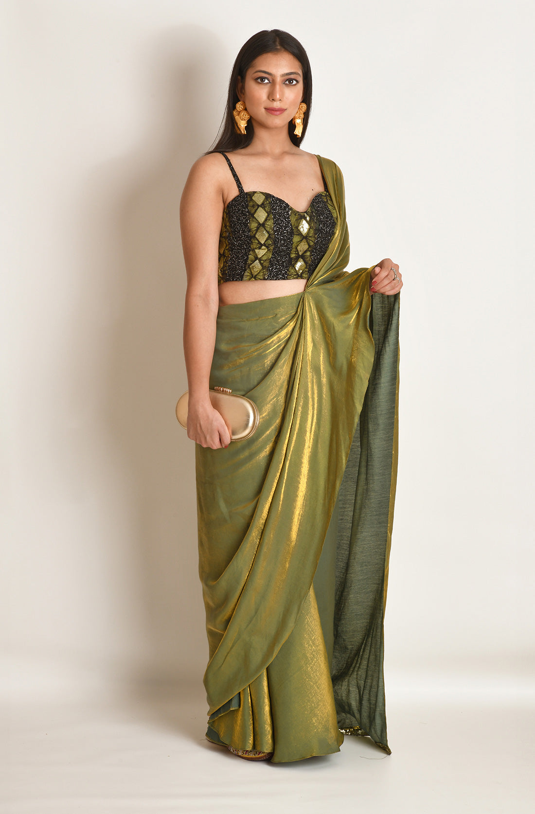 Olive Shimmer Draped Saree