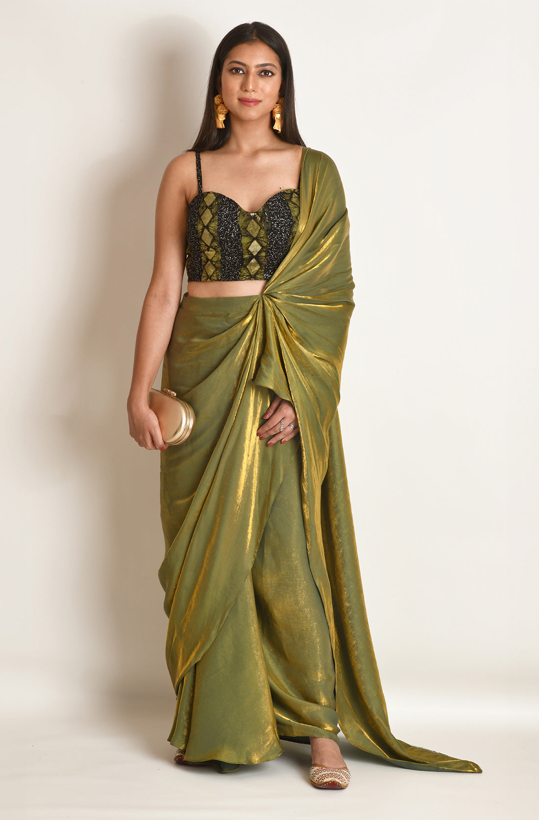 Olive Shimmer Draped Saree
