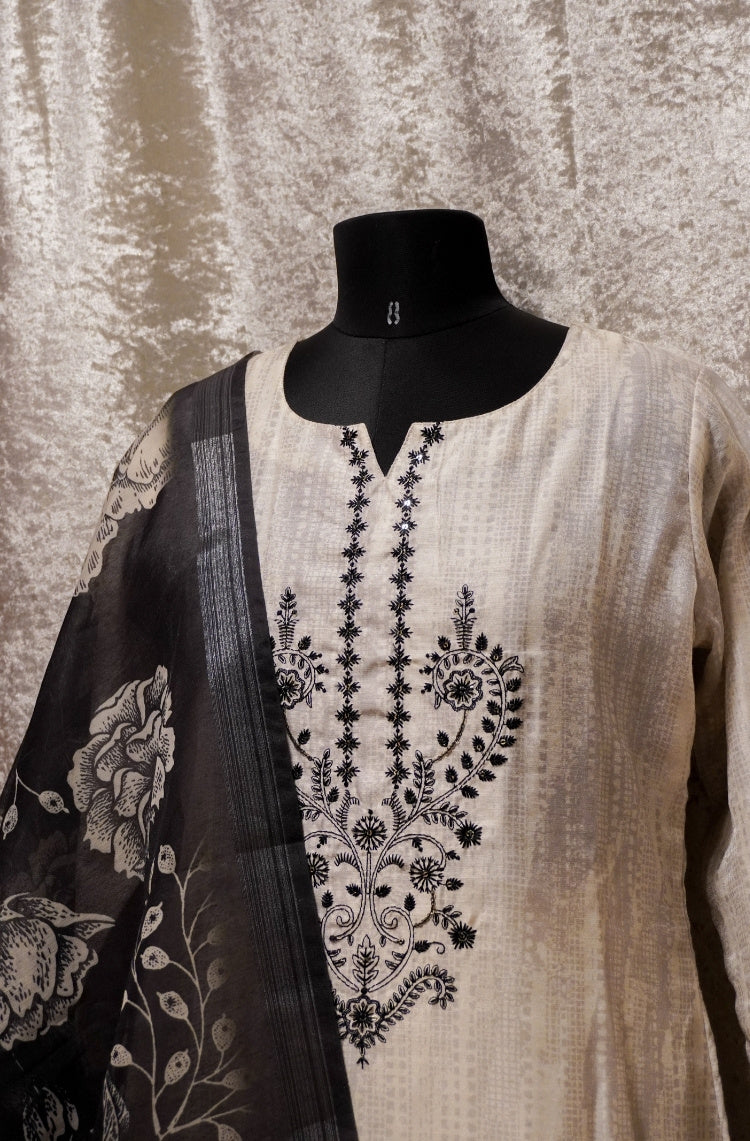 Ivory & Black Hand-Embroidered Kurta Set with Dupatta