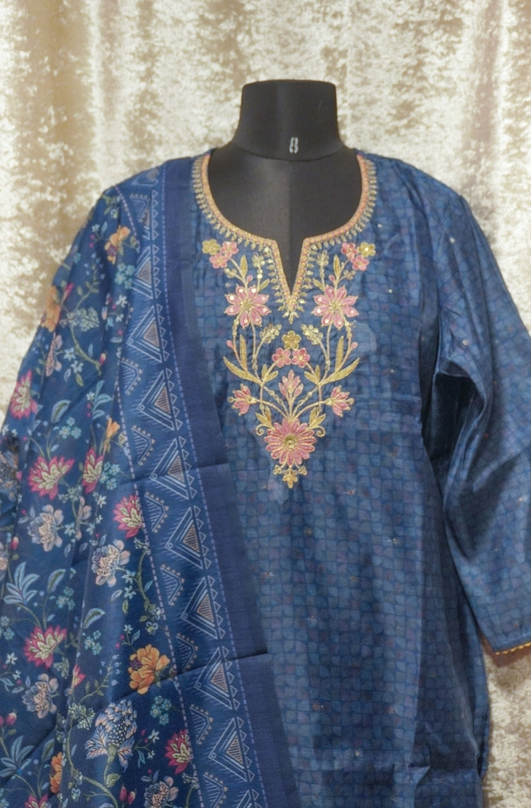 Navy Blue Floral Embroidered Kurta Set with Dupatta