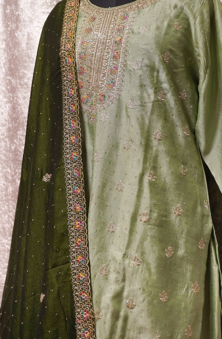 Olive Green Embroidered Kurta Set with Dupatta