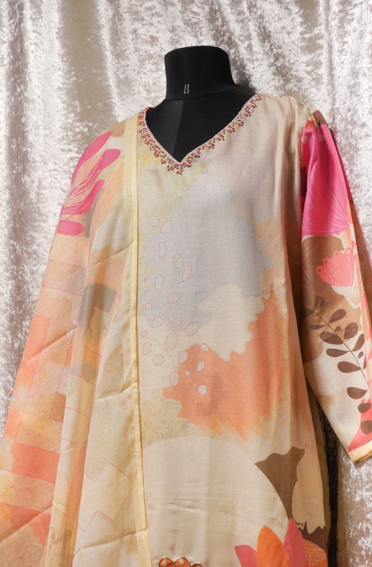 Peach Abstract Printed Kurta Set with Dupatta
