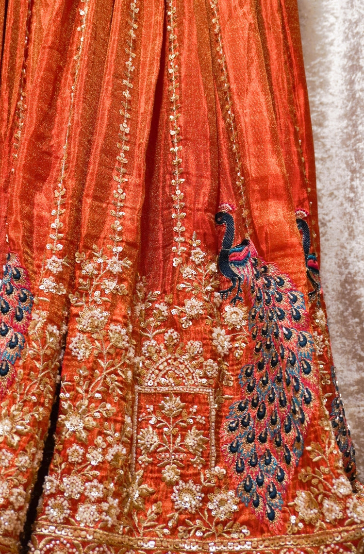 Rust Orange Zari Embroidered Lehenga Set with Peacock Motif