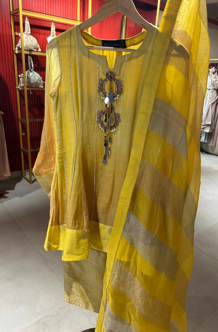 Sunshine Yellow Suit Set with Sheer Check Dupatta