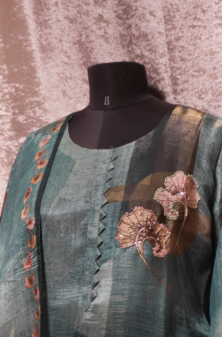 Teal Green Floral Printed Kurta Set with Dupatta